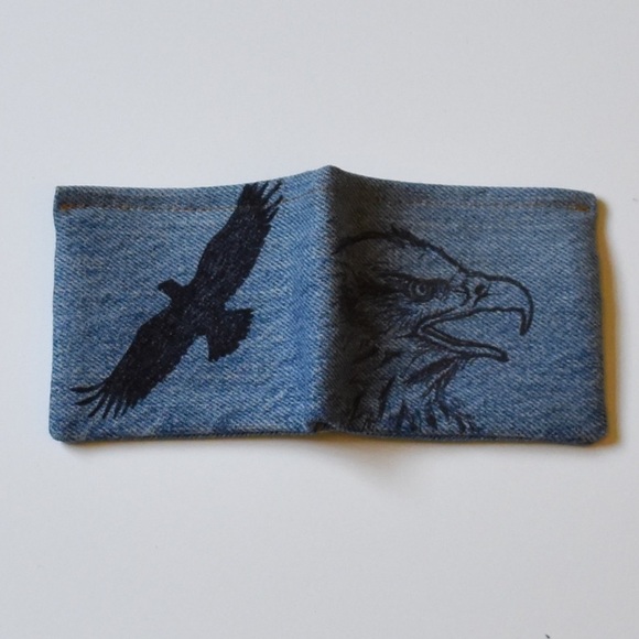 Wallet bifold denim hand drawn eagle men's gifts - Picture 4 of 5